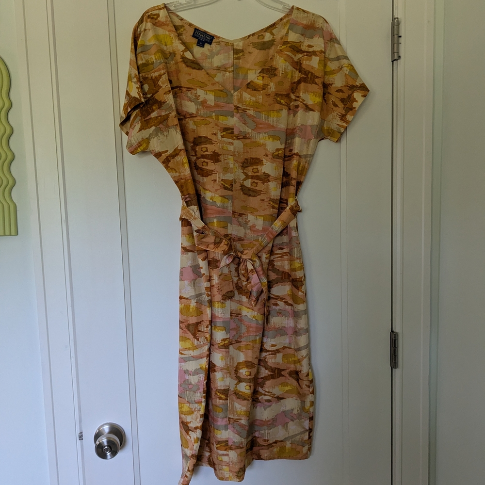 RARE Pendleton shift dolman sleeve belted waist 100% silk watercolor dress M